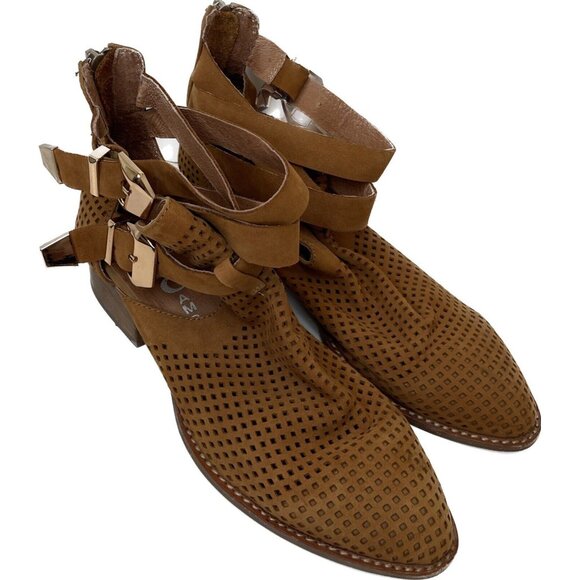 Jeffrey Campbell Everly Tan Suede Perforated Cut Out Strappy Ankle Boots 7 - Picture 2 of 11